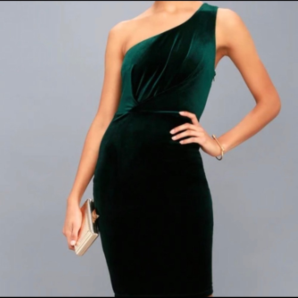 NEW Lulus Candlelit Date Forest Green Velvet One Shoulder Bodycon Dress